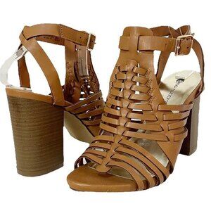 Big Buddha Strappy Block Heel Gladiator Sandal Camel Tan Faux Leather Size 8.5